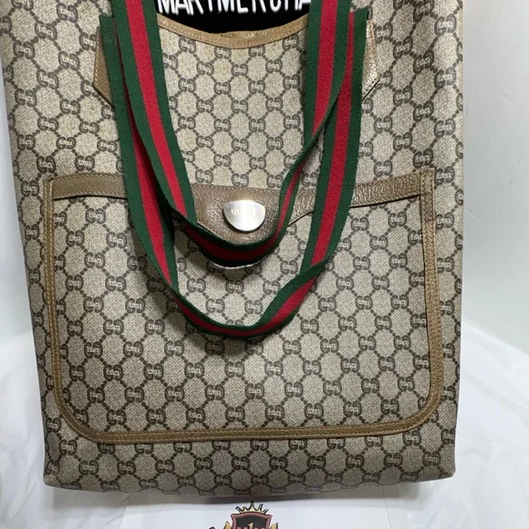 Gucci Beige GG Canvas Tote with Green and Red Web Straps - Picture 4 of 16